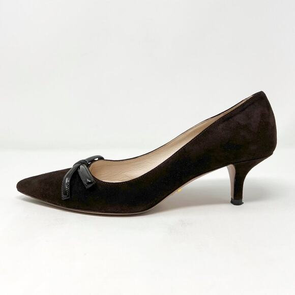 Prada Brown Suede Pointed-Toe Bow Pumps EU 37 Mid Heel | Made in Italy - Picture 2 of 9
